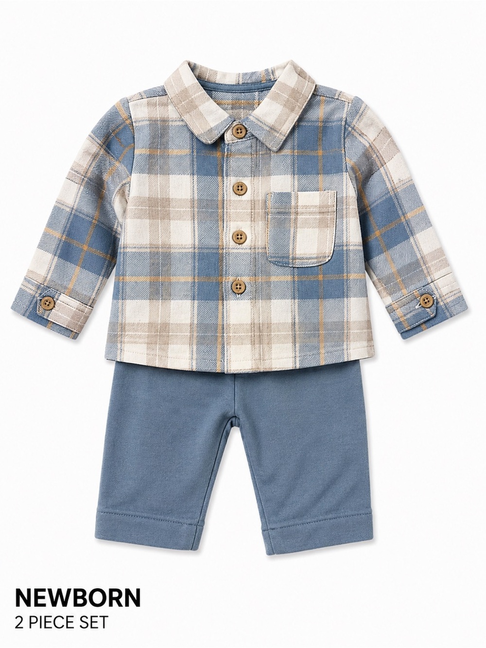 Newborn Two-Piece Plaid Shirt & Blue Pants Set - Blue, Cream, Tan